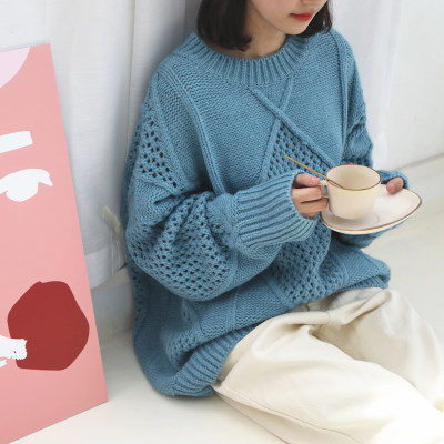 韩国单chic显瘦镂空燕麦色棒针粗线套头毛衣2020秋冬外套针织衫女