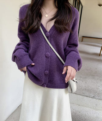 紫色上衣v领针织开衫女春秋2020年新款网红毛衣宽松外穿慵懒外套