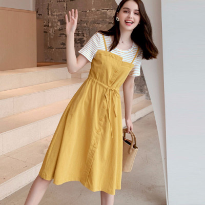 连衣裙女学生韩版宽松2020夏季新款大码女装纯棉假两件套显瘦裙子