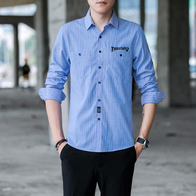 蓝白条纹衬衫男韩版长袖春秋商务休闲蓝色细条纹衬衣简约日系寸衫