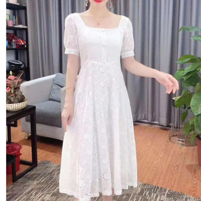实拍夏季2020新款甜美法式赫本夏复古泡泡袖连衣裙白色仙气质长款