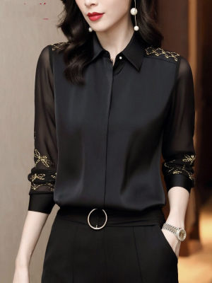 雪纺高端黑色长袖职业衬衫女气质2021年新款时尚洋气上衣缎面衬衣