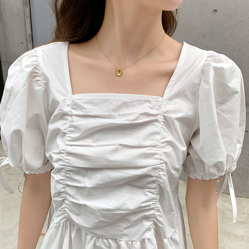 实拍~白色方领泡泡袖连衣裙女夏季2020新款宽松抽绳显瘦甜范裙子