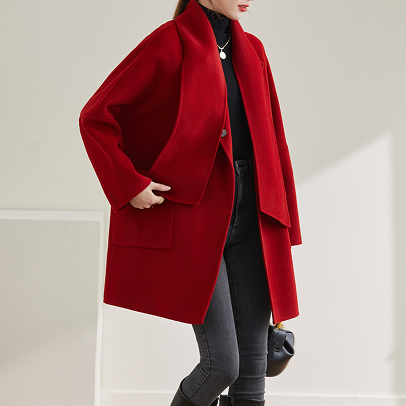 红色双面羊绒大衣女中长款高端2020年新款宽松韩版秋冬羊毛呢外套