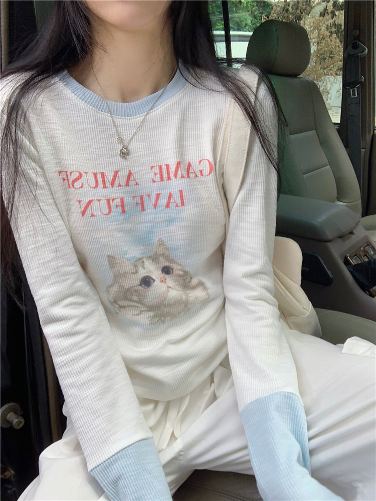 6607 #icesilkthread slim fit cat print long-sleeved T-shirt