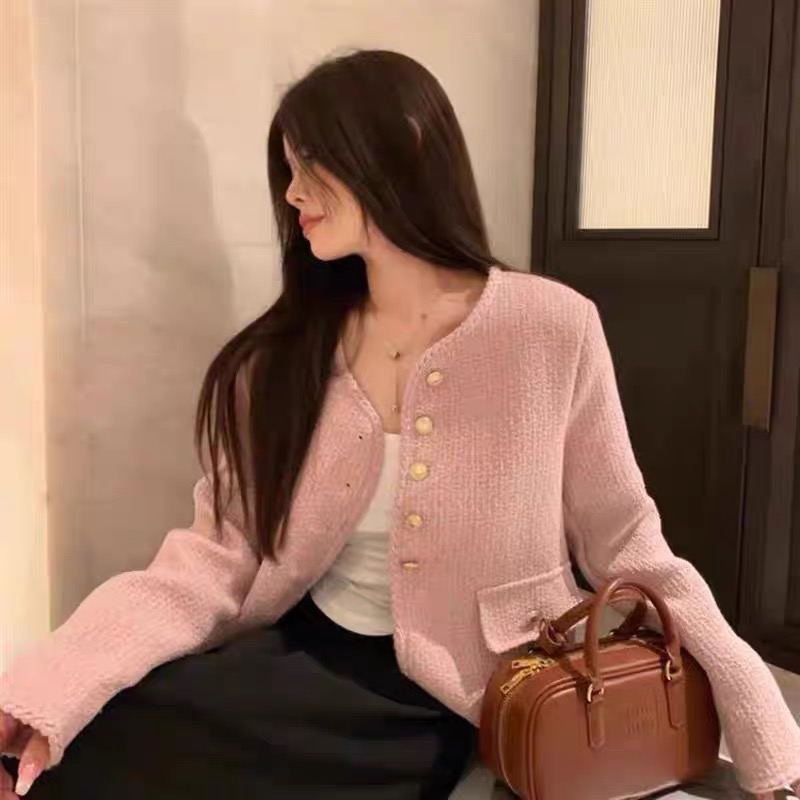 韩版小香风粉色气质针织开衫女秋冬法式名媛毛衣外套冷淡系高级感