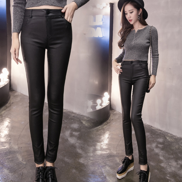 Autumn and winter matte high waist plush leather pants women's wear spring and autumn tight, thin and thick black leggings