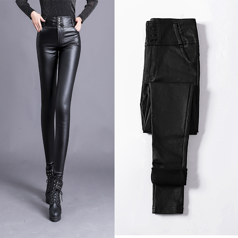Leather pants women's autumn and winter bottoms wear black new high waist Plush thickened Pu tight leggings and trousers