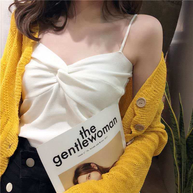 Suspender vest for women with Hong Kong style retro care machine exposed clavicle top knitted thin sexy short summer wear