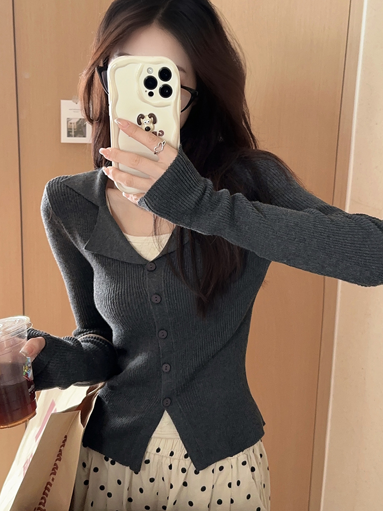 3872# Retro long-sleeved niche knitted cardigan jacket for women autumn slimming short bottoming shirt top