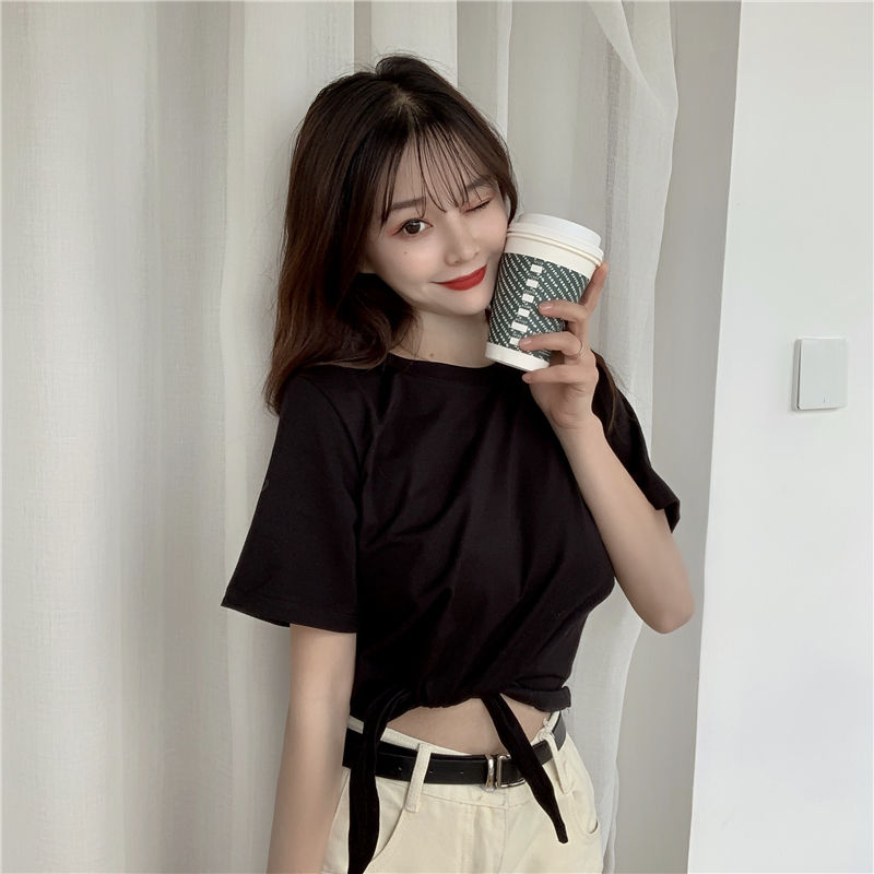 Summer new Korean fashion high waist short style elegant short sleeve solid color careful machine design t-shirt women