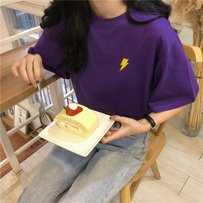 [official picture] embroidered weather pattern college style loose cartoon short sleeved bottomed shirt T-shirt new top