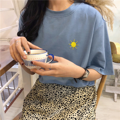 [official picture] embroidered weather pattern college style loose cartoon short sleeved bottomed shirt T-shirt new top