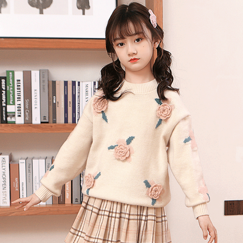 【高品质】女童毛衣套头秋冬韩版洋气花朵小女孩冬装上衣儿童针织衫