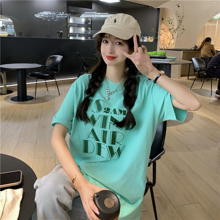 6535 cotton summer loose round neck top new short-sleeved t-shirt female bump letter printing