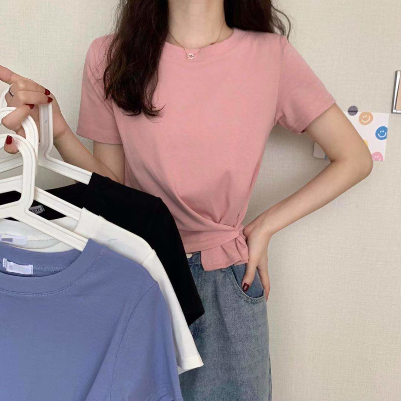6535 cotton summer loose round neck top new short-sleeved t-shirt female short section solid color irregular