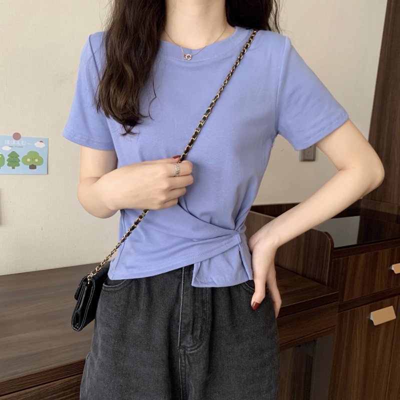 6535 cotton summer loose round neck top new short-sleeved t-shirt female short section solid color irregular