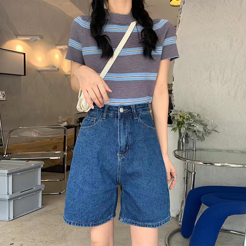 High-waisted denim shorts for women summer loose  new a-line straight wide-leg five-quarter pants thin section slimming mid-pants