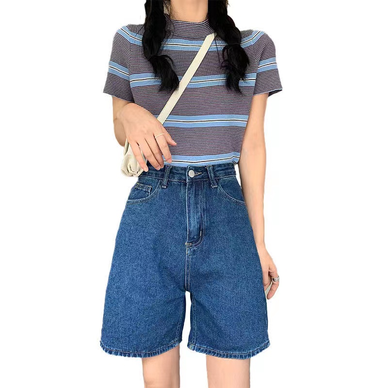 High-waisted denim shorts for women summer loose  new a-line straight wide-leg five-quarter pants thin section slimming mid-pants