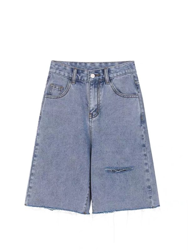 Denim shorts women's loose straight mid-leg pants Hong Kong style ripped mid-leg pants trendy outer wear dad pants mid-length shorts