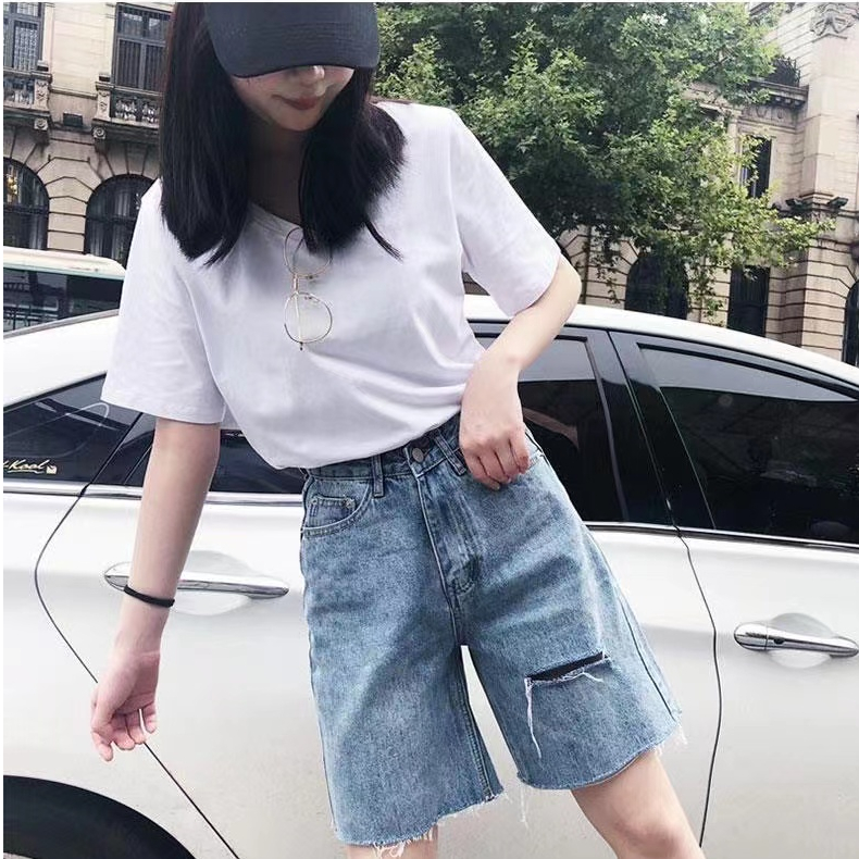 Denim shorts women's loose straight mid-leg pants Hong Kong style ripped mid-leg pants trendy outer wear dad pants mid-length shorts