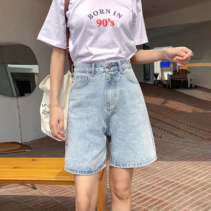 High-waisted denim shorts for women summer loose  new a-line straight wide-leg five-quarter pants thin section slimming mid-pants