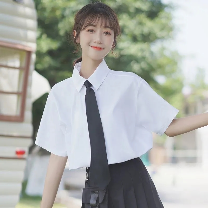 日系学院风jk白衬衫女学生短袖衬衣夏新款少女小清新领带宽松上衣