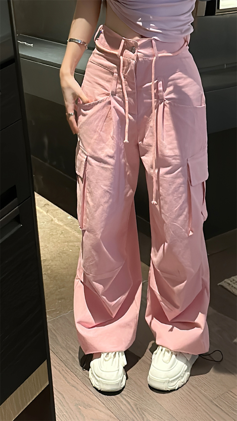 粉色上衣 抽绳美式高街工装裤宽松运动裤女男高腰显瘦阔腿裤 