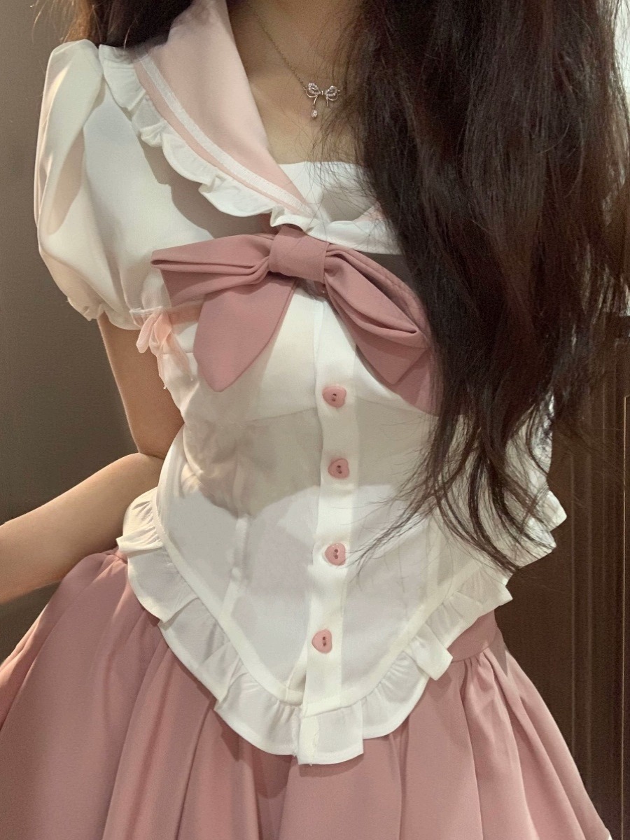 初恋清纯奶甜学院风jk制服套装女海军领衬衫可爱粉色百褶裙两件套