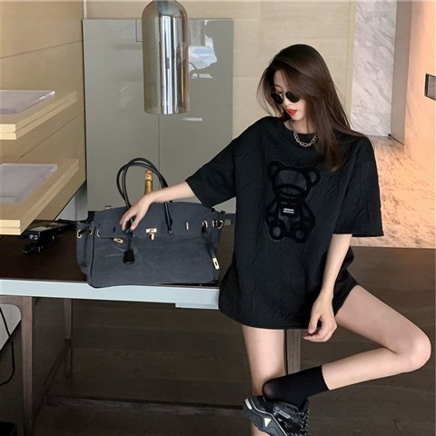 Korean style ins trendy bear T-shirt round neck T-shirt loose mid-length top women's summer short-sleeved inner layering shirt