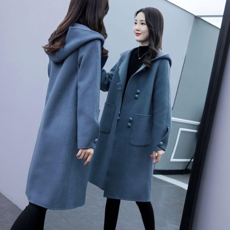 Hooded woolen coat for women autumn and winter  new Korean style fat MM large size loose retro mid-length woolen coat