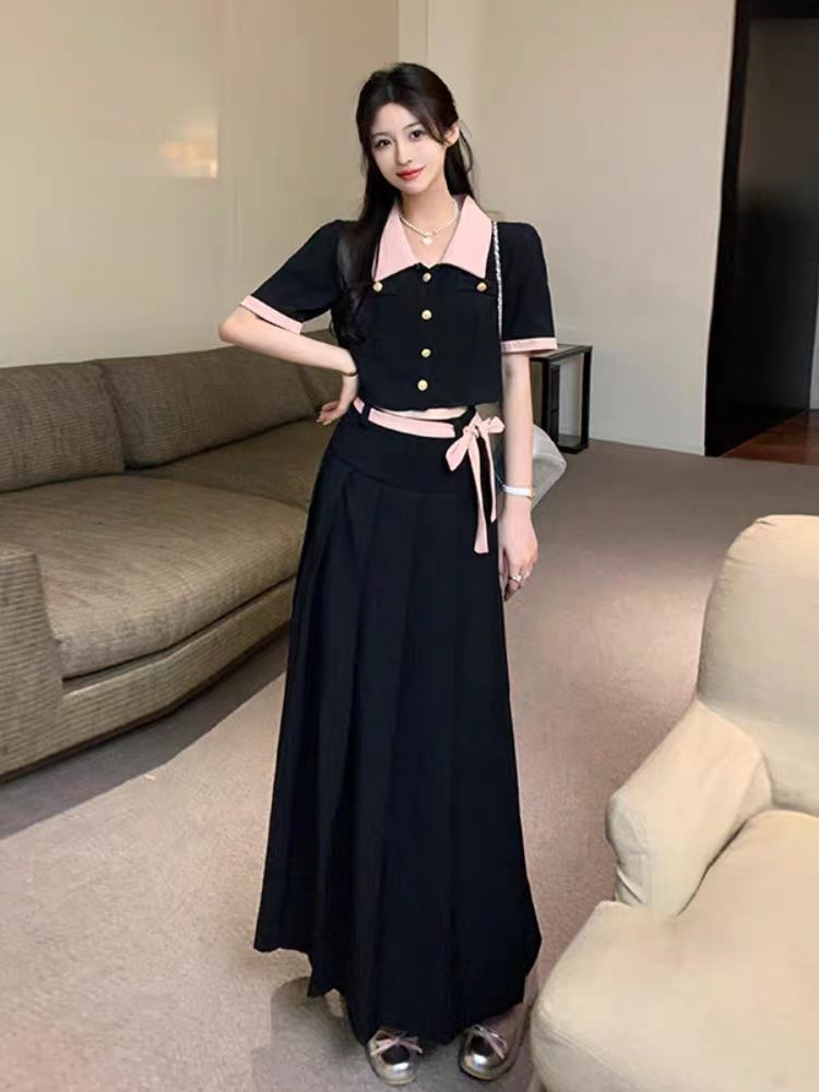 Large size black long skirt pear-shaped body outfit suit summer fat girl high waist slim skirt women's two-piece set