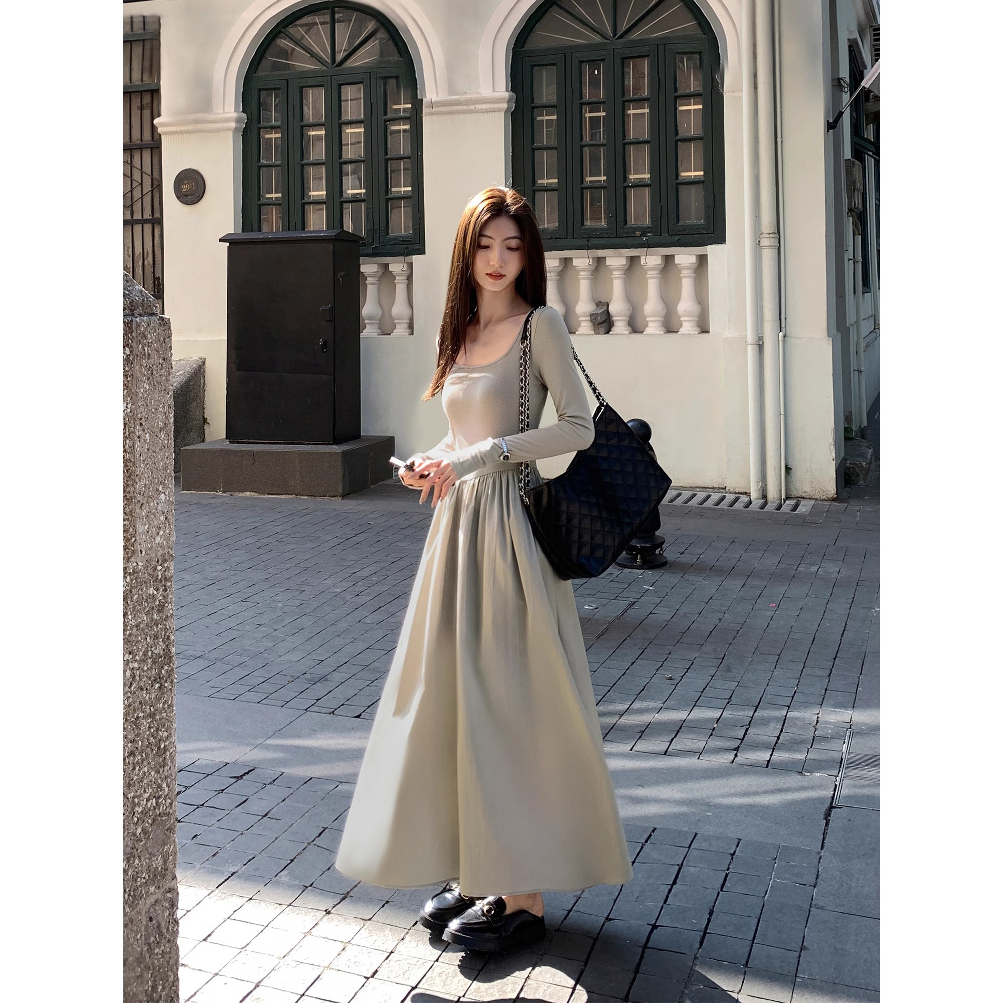 French tea break black long-sleeved dress for women summer 2024 spring and autumn new high-end Hepburn style waist long dress