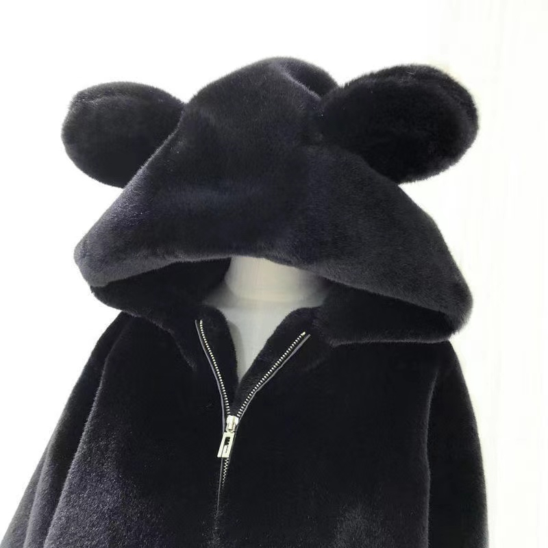  new winter hooded loose cute bear ears thickened plush mid-length imitation fur coat for women