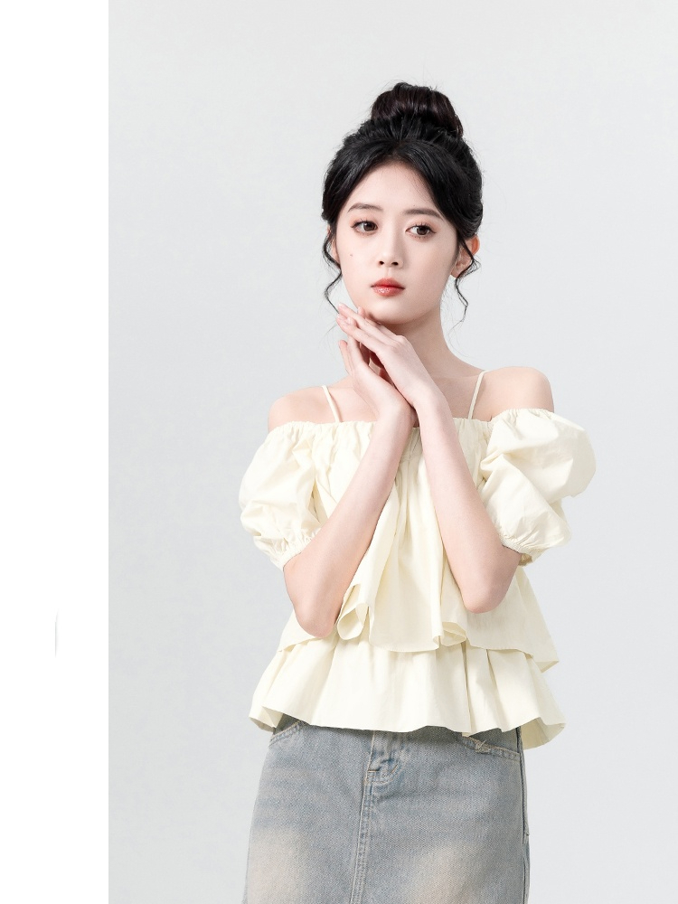 Apricot one-shoulder suspender puff-sleeved babydoll shirt for women summer 2024 new chic square-neck short-sleeved shirt and top