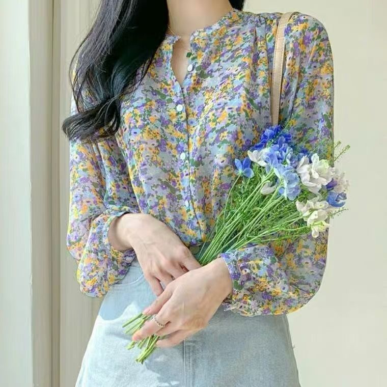 Floral chiffon top for women, 2024 early autumn new style shirt, long-sleeved, super fairy, fashionable, girly and temperament small shirt