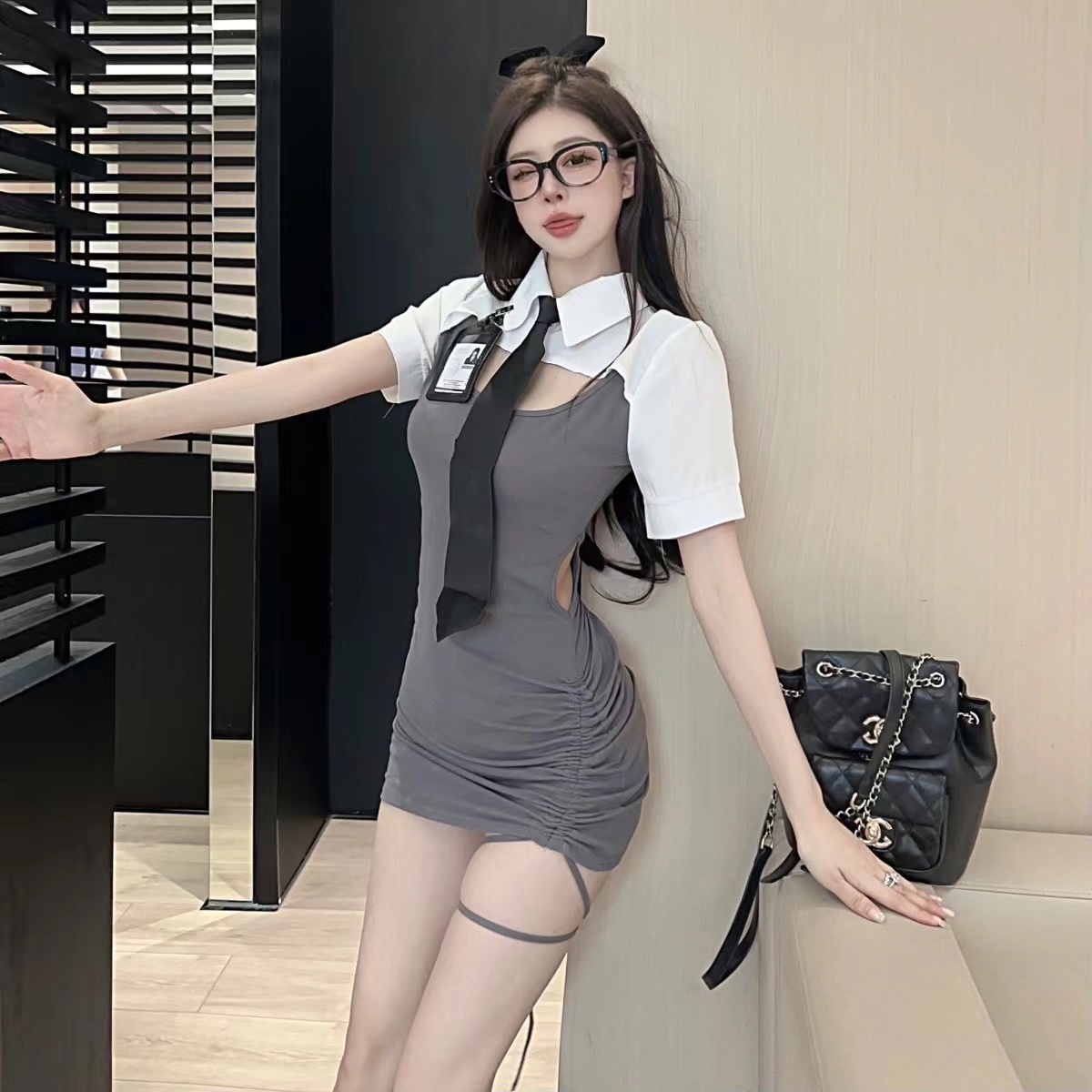 College style sweet and cool hot girl fake two-piece hollow waist exposed JK shirt dress for women summer sexy black hip skirt