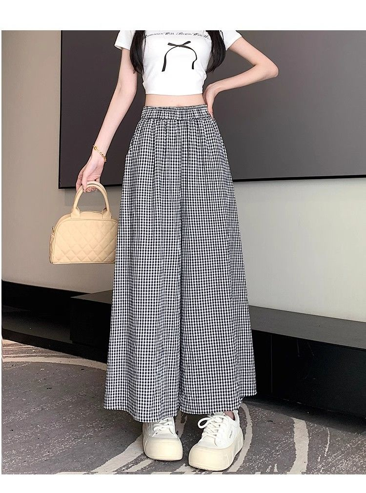 Loose and lazy style pants for women in summer, elastic waist, casual nine-point wide-leg pants, drapey A-line wide-swing flared pants