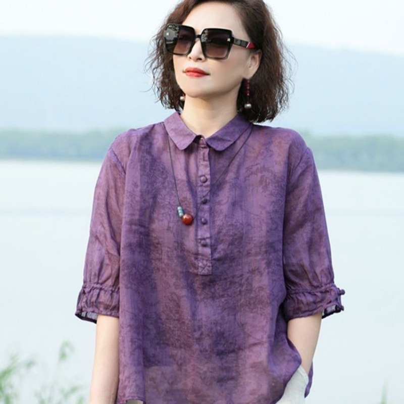 High-end women's new style jacquard lapel shirt, fashionable retro women's mid-sleeve shirt, slim-covering thin shirt