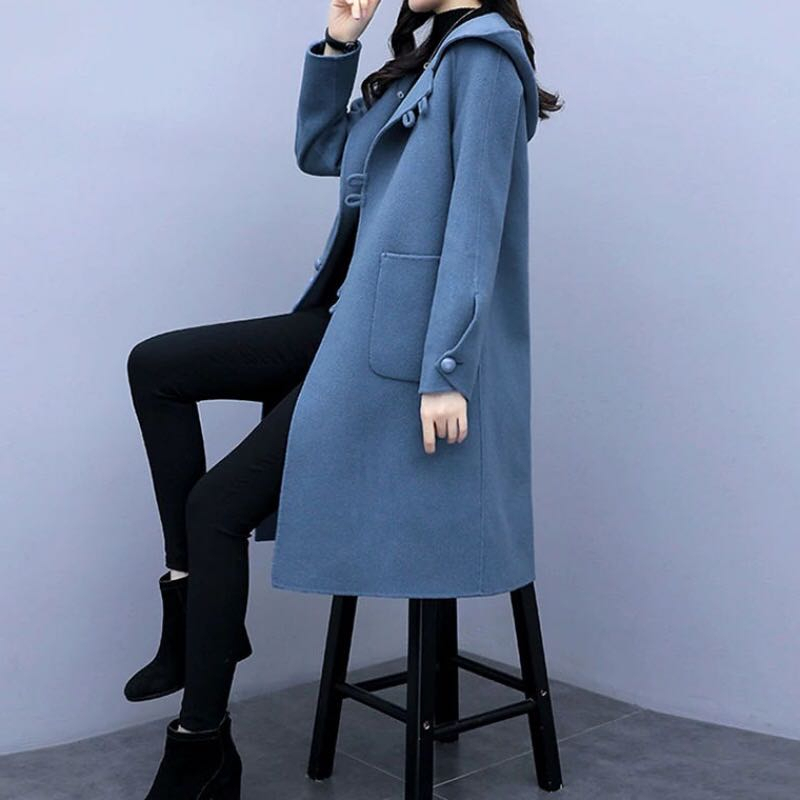 Hooded woolen coat for women autumn and winter  new Korean style fat MM large size loose retro mid-length woolen coat