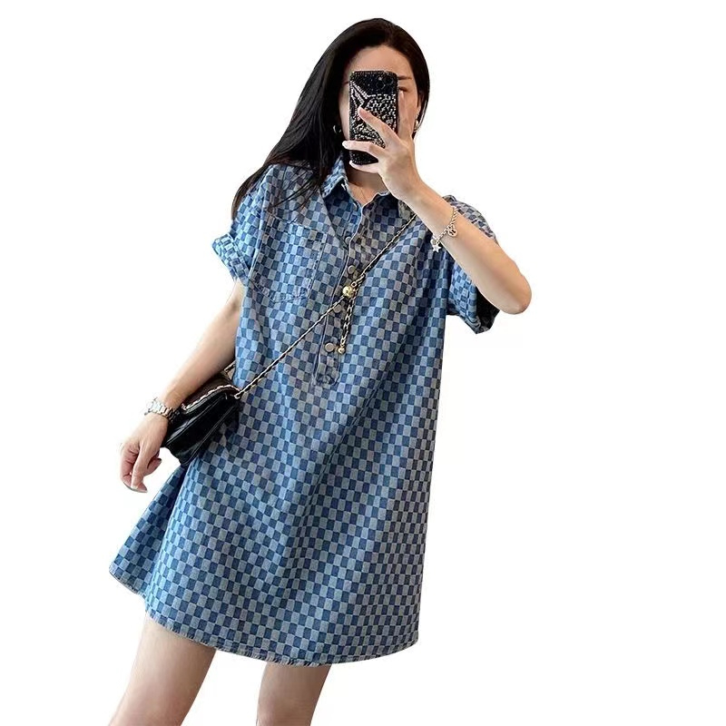 2-300 catties fat mm denim blue dress for women summer new extra large size medium and long loose short-sleeved T-shirt skirt