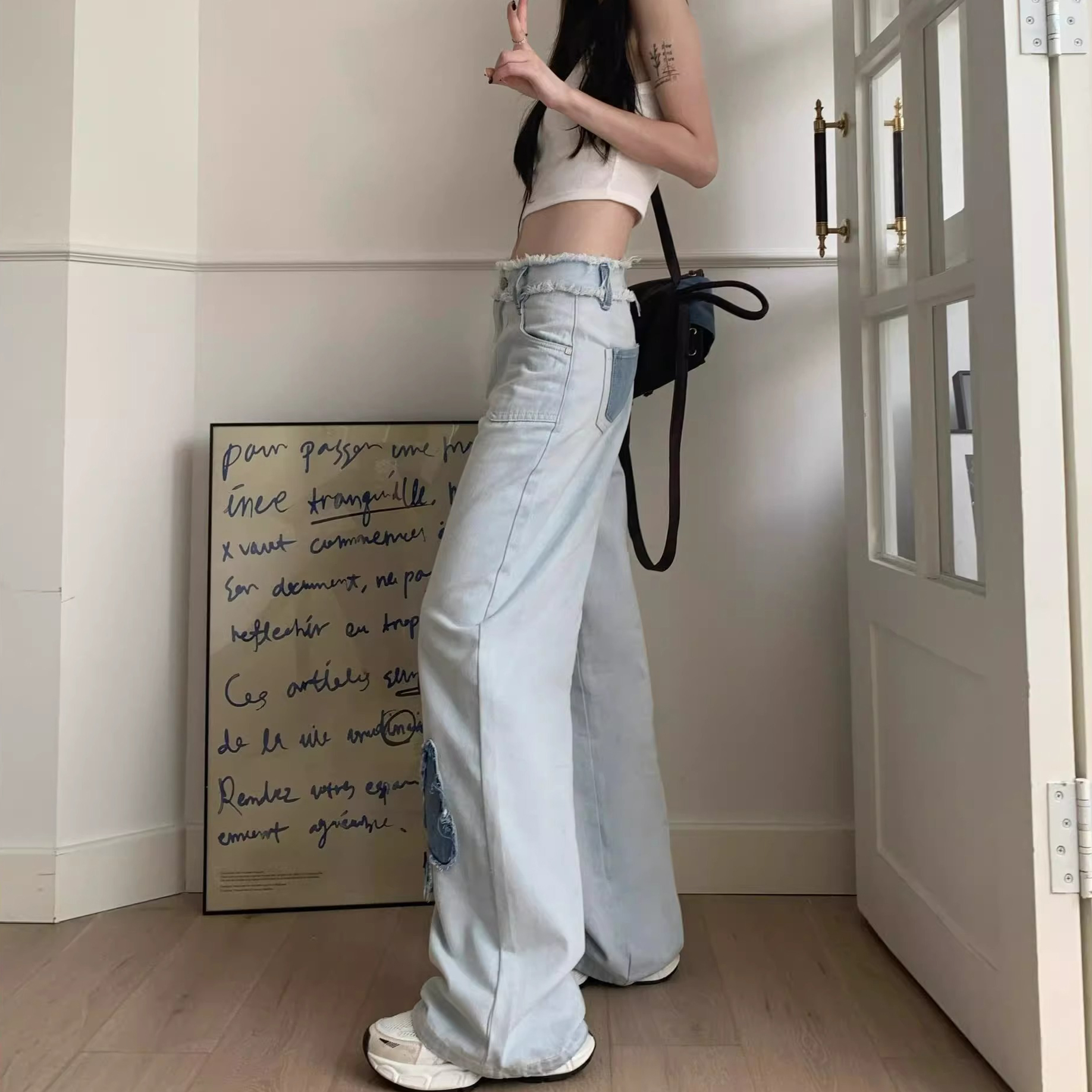 Korean style high-waisted wide-leg jeans for women spring new loose light blue butterfly loose drape straight pants