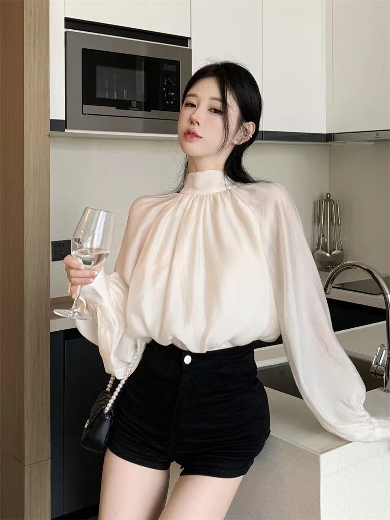 French temperament strappy bow long-sleeved shirt women's design niche chic shirt top spring and autumn new style