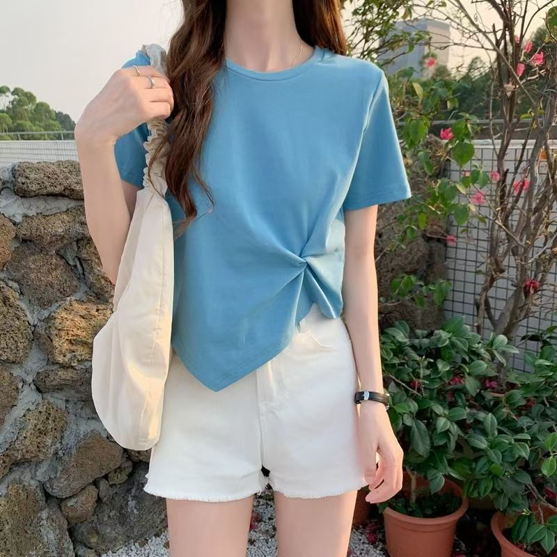 2024 Summer Pure Desire Style Irregular Design Versatile Slim Women's T-Shirt Thin Outing Wear Short-Sleeved Top