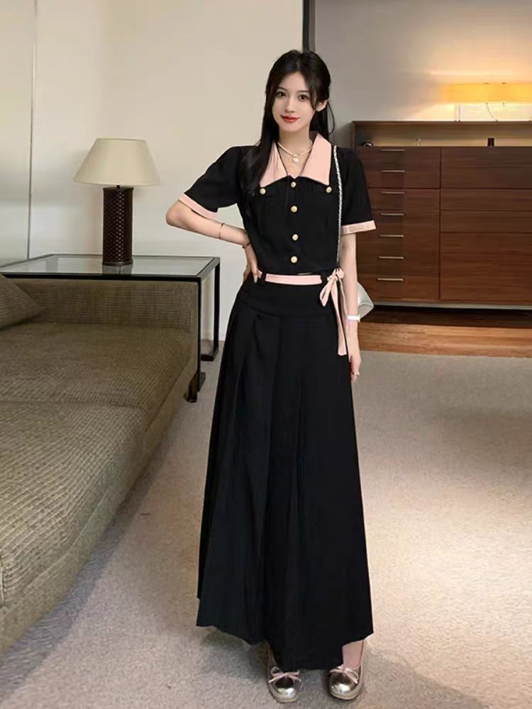 Large size black long skirt pear-shaped body outfit suit summer fat girl high waist slim skirt women's two-piece set