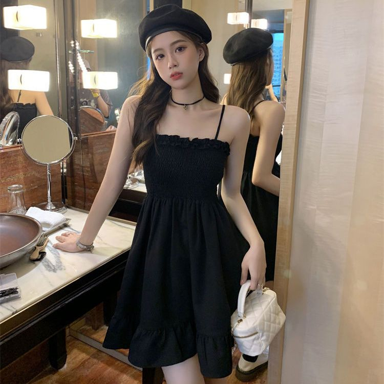 One-shoulder irregular slimming elastic waist short pleated suspender little black dress for women summer new style