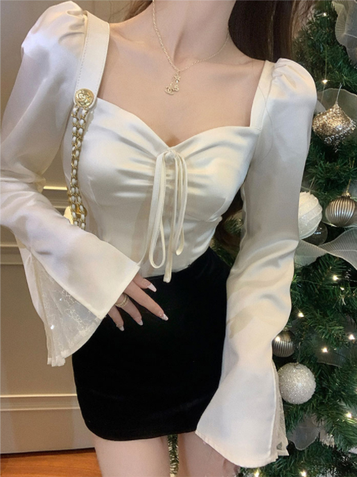 Temperament Square Neck Satin Bell Sleeves Spliced ​​Lace Long Sleeve Shirt Women  New Slim Short Sexy Top