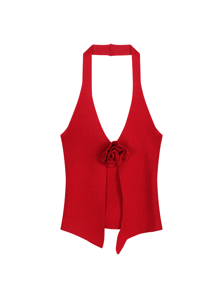 Three-dimensional flower knitted halterneck camisole for women in summer v-neck sweet hottie sexy red beautiful back outer top