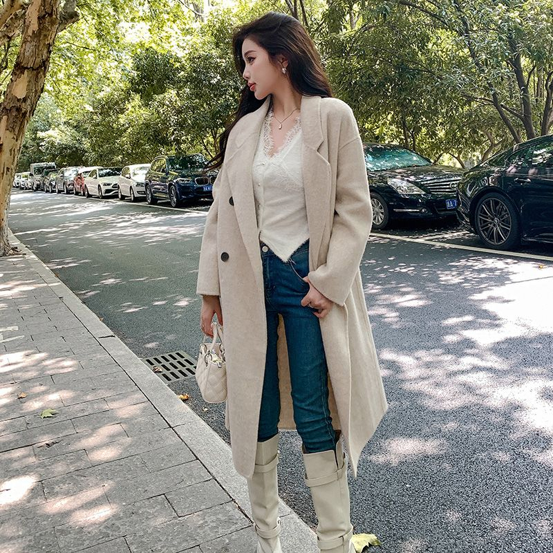 Pink double-sided cashmere woolen coat for women autumn and winter 2024 new Korean style over-the-knee woolen coat