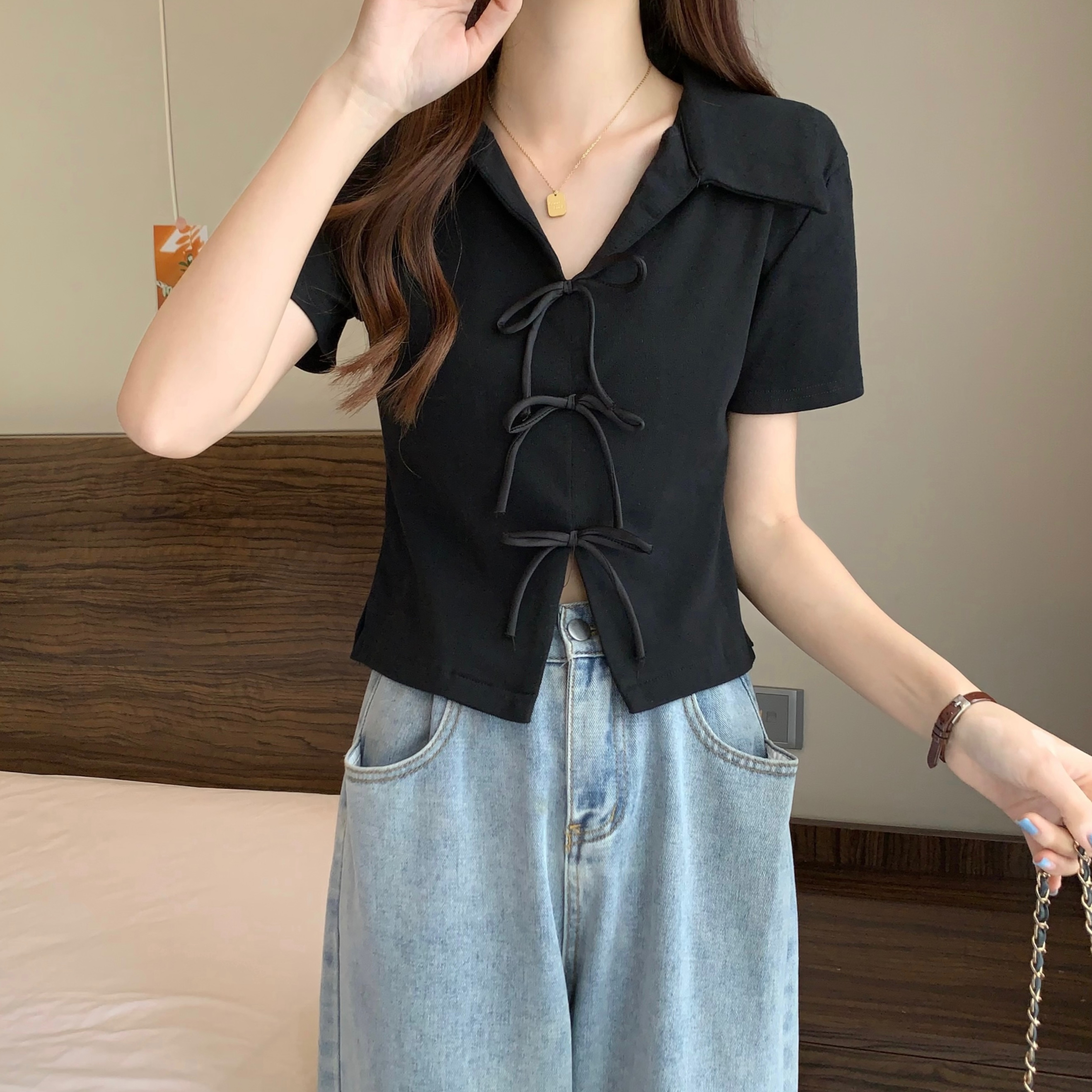 Large size right shoulder polo collar short-sleeved t-shirt for women in summer fat mm slimming loose irregular bow short top